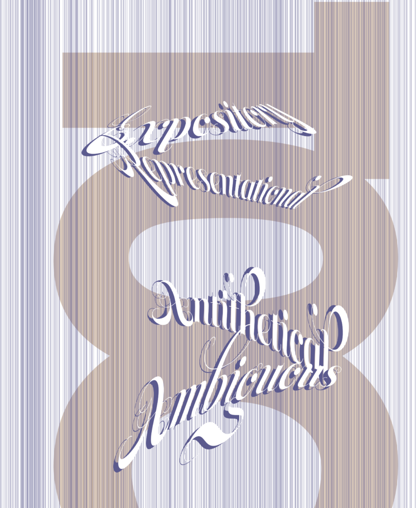 Table of Contents: TOC letters in block type and the words Expository, Representational, Antithetical and Ambiguous woven together.