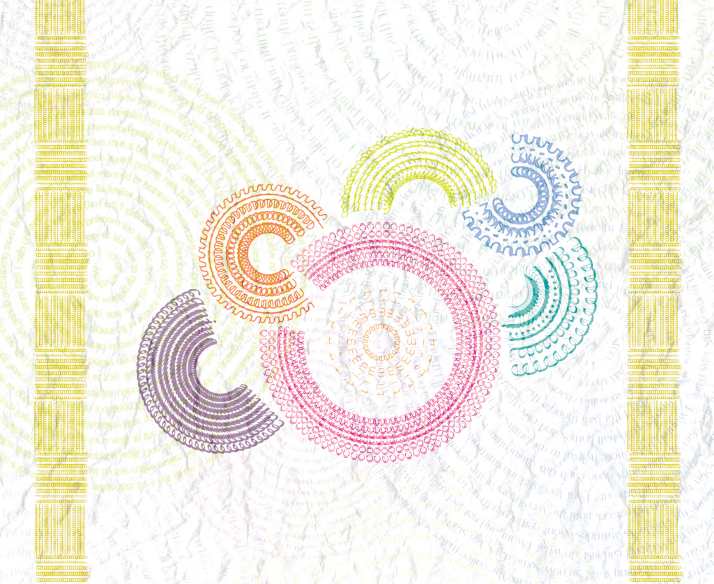 swirls of words in soft colors