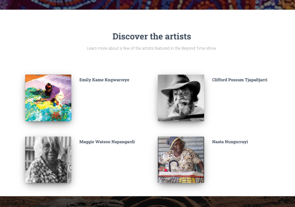 Beyond Time website Discover the artists section of the homepage.
