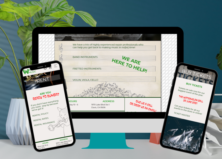 A monitor with the Watermelon Music repair page up on a desk. One cell phone to the left is showing the rental page, and a cell phone to the right is showing the ticket sales page.